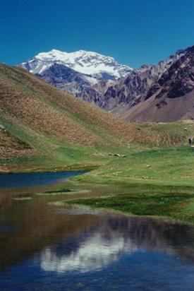 Cerro Aconcagua reflected in a small tarn near the Provincial Park entrance
