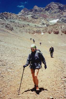 Running down the scree towards base camp on Aconcagua