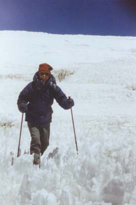 Walking through 'penitentes' near Condors Nest on Aconcagua