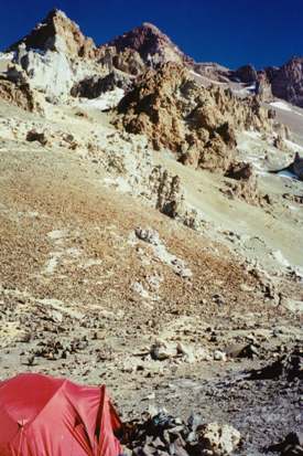 Looking up from the Berlin Huts towards the summit of Aconcagua