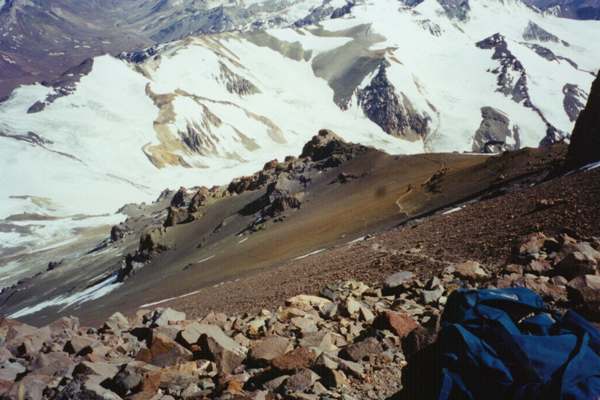 Looking back at the long traverse after Windy Col on Aconcagua