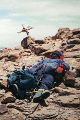 Malcolm Barrett exhausted on the summit of Aconcagua