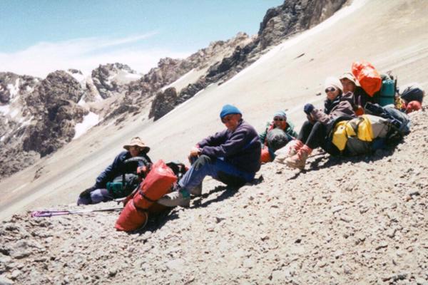 Resting at the 5,000-metre mark while descending Aconcagua