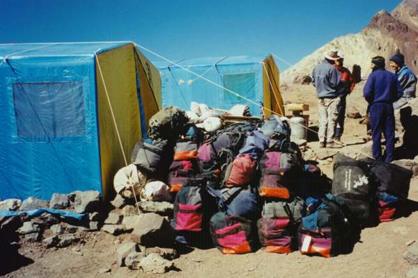Duffel bags at Base Camp waiting to be packed on mules 